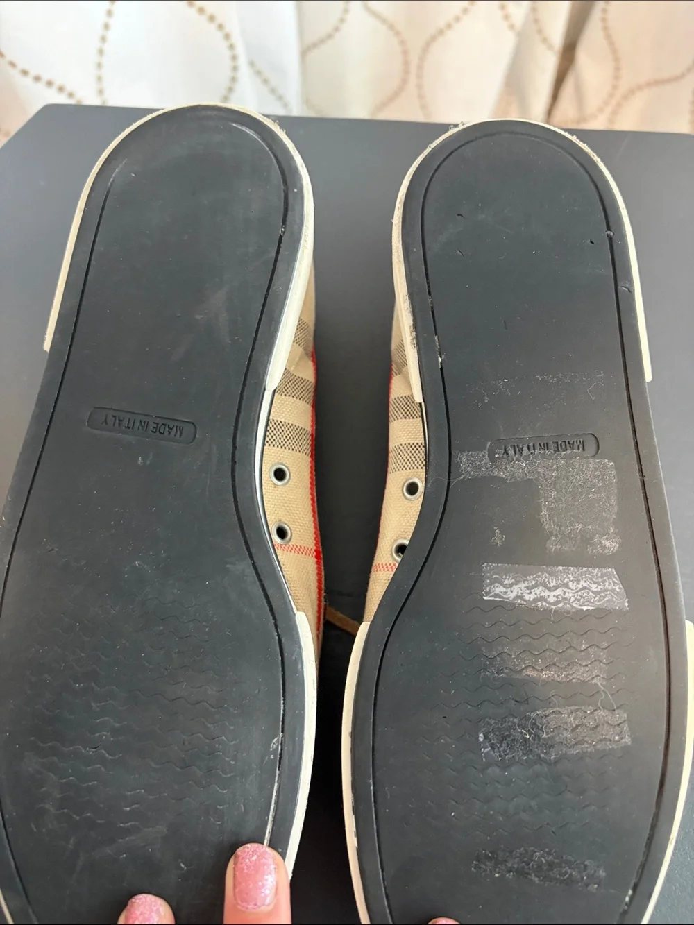 Burberry Beige/Navy/Tan Plaid Boat Shoes